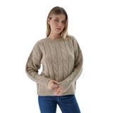 TRİST STAR Kadın Oversize Saç Örgülü Triko Örme Kazak TRIST-6167, Bej - L/XL