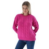 TRİST STAR Kadın Oversize Saç Örgülü Triko Örme Kazak TRIST-6167, Fuşya - S/M