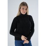Trist Star Kadın Siyah Oversize Balıkçı Yaka Selanik Saç Örgülü Yünlü Özel Iplik Triko Örme Kazak TRIST-6159 - L - XL