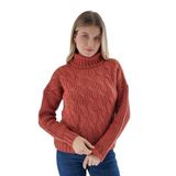 TRİST STAR Kadın Turuncu Oversize Balıkçı Yaka Selanik Saç Örgülü Yün Özel İplik Triko Örme Kazak TRIST-6163