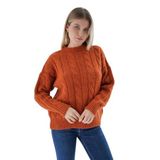 TRİST STAR Kadın Turuncu Oversize Bisiklet Yaka Saç Örgülü Yünlü Özel İplik Triko Örme Kazak TRIST-6167