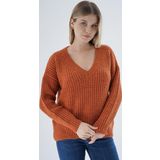 Trist Star Kadın Turuncu Oversize V Yaka Nopen Selanik Örgü Yünlü Özel İplik Triko Örme Kazak Trıst-6160