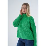 Trist Star Kadın Yeşil Oversize Balıkçı Yaka Selanik Saç Örgülü Yün Özel Iplik Triko Örme Kazak TRIST-6163 - L - XL