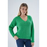 Trist Star Kadın Yeşil Oversize V Yaka Nopen Selanik Örgü Yünlü Özel Iplik Triko Örme Kazak TRIST-6160 - L - XL