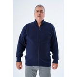 Trist Star Lacivert Büyük Beden Erkek Fermuarlı Dik Yaka Pirin Örgü %100 Pamuk Triko Hırka Trıst-2114 - 6XL