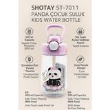 Tritan Çocuk Pipetli Suluk – 500 Ml, Kilitli Kapaklı, Askılı, Panda Desenli – Mor – ST-7011