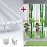 Tropik Home Bamboo Desen Banyo Perdesi Askı Hediyeli 180X200CM Tek Kanat Yeşil Duş Perdesi, L Boru Hediyeli - 180 x 200 cm