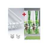 Tropik Home Bamboo Desen Banyo Perdesi Askı Hediyeli 180x200cm Tek Kanat Yeşil Duş Perdesi, L Boru Hediyeli