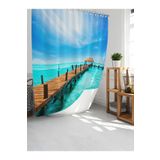Tropik Home Banyo Duş Perdesi İskeleli Manzaralı Dijital Baskılı Banyo Perdesi, Tek Kanat C Halkalı-180x200 cm