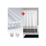 Tropik Home Çizgili Desen Banyo Perdesi Askı Hediyeli 180x200cm Tek Kanat Beyaz Duş Perdesi, L Boru Hediyeli