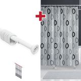 Tropik Home Polyester Kumaş Geometrik Desen Gri Banyo Perdesi Askı Aparatı Hediyeli C-Halkalı Duş Perdesi - 180 x 200 cm
