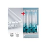 Tropik Home Taş Desen Banyo Perdesi Askı Hediyeli 180x200cm Tek Kanat Mavi Duş Perdesi, L Boru Hediyeli