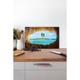 Tropikal Ada Manzarası Cam Kesme Tahtası , Silikon Ayaklı, Kırılmaya Dayanıklı, Sunum Kesim Tablası - 23 x 35 cm