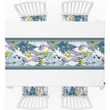 Tropikal Desen , Dijital Baskı , Çift Taraflı , Süngerli Fermuarlı 4 Adet Sandalye Minderi ve 1 Runner Mutfak Bahçe Yemek Masası 5li Set - 40 x 40 cm - Beyaz - Gri - Sarı