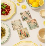 Tropikal Kuş ve Ağaç Desenli Doğal Taş Bardak Altlığı 4’lü Set - 10 x 10 cm
