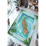 Tropikal Leopar Desenli Baskılı Kaymaz Yıkanabilir Salon Oturma Odası Hol Antre Mutfak Balkon Halısı 80 X 300 Cm Çok Renkli