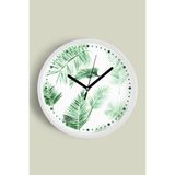 Tropikal Yaprak Desenli Modern Duvar Saati - 25cm - Önü Camlı Beyaz Kasa - Sessiz Mekanizma, JH0604S25BKP