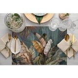 Tropikal Yaprak Tasarımlı Kumaş Amerikan Servis 4'lü Set Keten, Ulusl. Yıkama ve Solmama Sertifikası - 35 x 50 cm - Çok Renkli