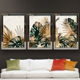 Tropikal Yapraklar-4 Temalı Aynalı Çerçeveli 3 lü Kanvas Tablo Seti 150x70 cm SETS0234