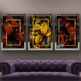 Tropikal Yapraklar Temalı Aynalı Çerçeveli 3 lü Kanvas Tablo Seti 150x70 cm SETS0046