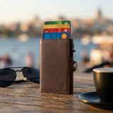 Trusador Palma Kahverengi Mekanizmalı İkiye Katlanır Kartlık Hakiki Deri Cüzdan Unisex Kadın Erkek Rfid Korumalı