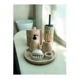 Trust Stone Mermer Desen Bej Beton Banyo Seti,Tuvalet Fırçası,Çöp Kovası,Katı,Sıvı Sabunluk,Tepsi,Mumluk