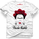 Tshirthane Frida Kahlo Kırmızı Güller Unisex Kalıp Beyaz Erkek T-Shirt - XS