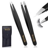 TsMADDTs Kadınlar ve Erkekler için Eğimli ve Nokta Uçlu Cımbız, Kaşlar için 2'li Paket Hassas Cımbız, Yüz Saçı, Batık Tüy Giderme, Seyahat Kılıflı Profesyonel Paslanmaz Çelik Cımbız Seti