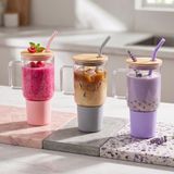 Ttt 1000 ml Cam Matara Kupa Bardak - Bambu Kapaklı - Silikon Kılıflı - Çelik Pipetli - Renkli