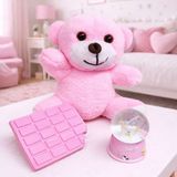 Ttt Pembe Peluş Ayıcık, Kar Küresi ve Pembe Çikolata Not Defteri Hediye Seti