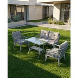 Tu Tienda Kaş 2+1+1+Sehpa Bahçe Balkon Mobilyası,Gri Kumaş / Gri Rattan - Koyu Gri - Gri