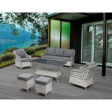 Tu Tienda Ronda Alüminyum 3+1+1+Masa(80*140)+2Puf Rattan Bahçe Balkon Mobilyası,Gri Kumaş/Beyaz Rattan - Taş Rengi