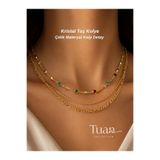 Tuan Collection Kristal Renkli Boncuk Detaylı Gold Kolye Üçlü Kolye Kolye Set