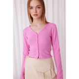 TUBİA Kadın Düğmeli V Yaka Pembe Crop Hırka