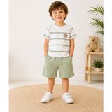 Tucan Kids Erkek Çocuk Yazlık Ayıcık Nakışlı Çizgili Tişört ve Şort Takımı %100 Pamuk Yeşil 2'li Takım 1-2-3-4 Yaş - 3 Yaş