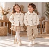 Tucan Kids Kız Erkek Çocuk Unisex Ham Kadife Ceket – Cepli Düğmeli Mevsimlik Çocuk Ceketi - 3 Yaş - Bej