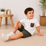 Tucankids Erkek Çocuk Çizgili Gömlek Şort Takımı %100 Pamuk Yazlık 2'li Takım Ekru-Haki - 3 - 4 Yaş - Ekru - Yeşil