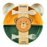 Tucklebery Buddy Mama Tabağı Seti | 1 Ayıcık Tabak + 4 Kase + Çatal-Kaşık | Bebek ve Çocuklar İçin Yemek Takımı | BPA İçermez (Bej Sarı Yeşil)