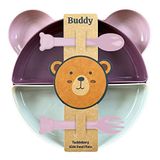 Tucklebery Buddy Mama Tabağı Seti, 1 Ayıcık Tabak 4 Kase Çatal-Kaşık, Bebek ve Çocuklar İçin Yemek Takımı, BPA İçermez, Pembe Mor Bej