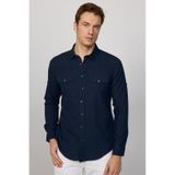 Tudors 29634 Slim Fit Uzun Kol Çift Cep Pamuk Keten Spor Yaka Lacivert Erkek Gömlek