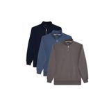 TUDORS 3'lü Paket Relax Fit Pamuklu Yarım Fermuarlı Dik Yaka Sweatshirt, L, SW250038, Lacivert-İndigo-Gri, erkek