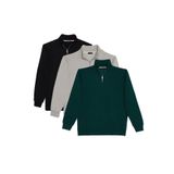 TUDORS 3'lü Paket Relax Fit Pamuklu Yarım Fermuarlı Dik Yaka Sweatshirt, XL, SW250038, Siyah-Taş-Haki, erkek