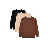 TUDORS 3'lü Sweatshirt Set Relax Fit Bisiklet Yaka, S, SW250042, Kahverengi-Taş-Siyah, erkek