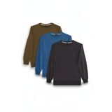 Tudors Erkek 3'lü Füme-Mavi-Yeşil Relax Fit Rahat Kesim %100 Pamuk 2 İplik Bisiklet Yaka Sweatshirt