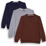 Tudors Erkek 3'lü Lacivert-Gri-Kahverengi Relax Fit Rahat Kesim %100 Pamuk 2 İplik Bisiklet Yaka Sweatshirt
