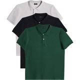 Tudors Erkek 3'lü Paket Gri-Siyah-Yeşil Slim Fit Dar Kesim Pamuklu Düz Pike Polo Yaka Tişört - Gri - Siyah - Koyu Yeşil