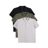Tudors Erkek 3'lü Paket Gri-Siyah-Yeşil Slim Fit Dar Kesim Pamuklu Düz Pike Polo Yaka Tişört