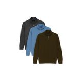 Tudors Erkek 3'Lü Paket Haki Füme Mavi Slim Fit Dar Kesim Fermuarlı Dik Yaka Triko Kazak,Haki1 Füme1 Mavi1 Xl