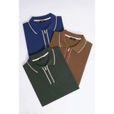 Tudors Erkek 3'lü Paket Kahverengi-Lacivert-Yeşil Slim Fit %100 Pamuk Yarım Fermuarlı Polo Yaka Tişört
