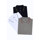 Tudors Erkek 3'lü Paket Lacivert-Gri-Beyaz Slim Fit Dar Kesim Pamuklu Düz Fermuarlı Pike Polo Yaka Tişört